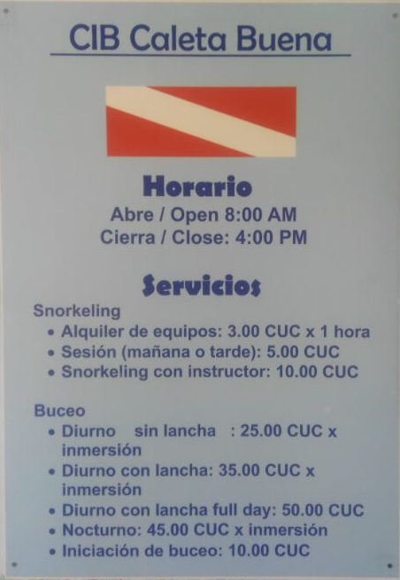 Price list at Caleta Buena. You had better bring your own snorkeling gear