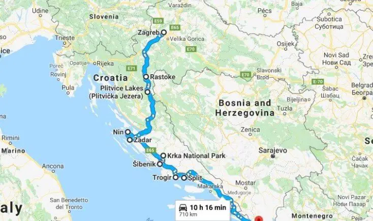 Map for the 8 days itinerary in Croatia