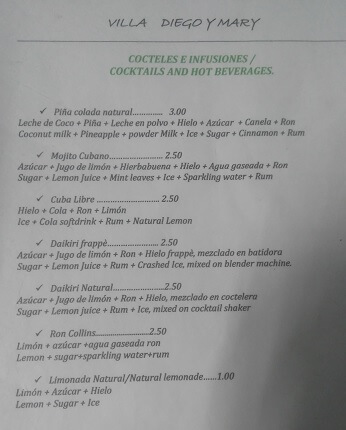 Cuban cocktails menu prices buget