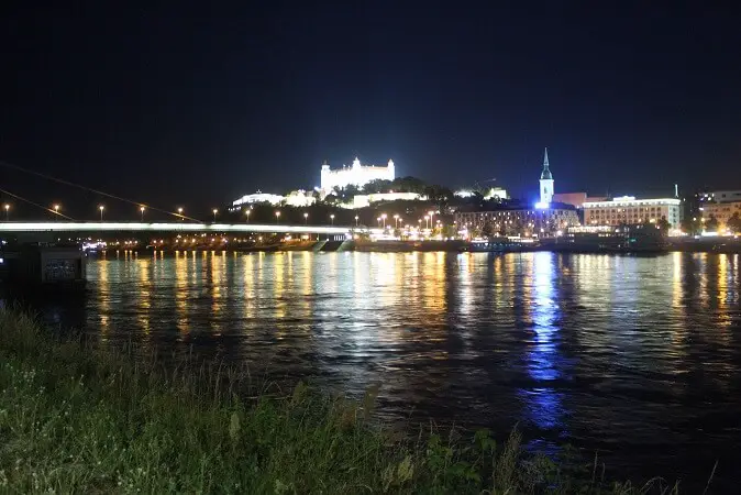 Bratislava castle and city center by night